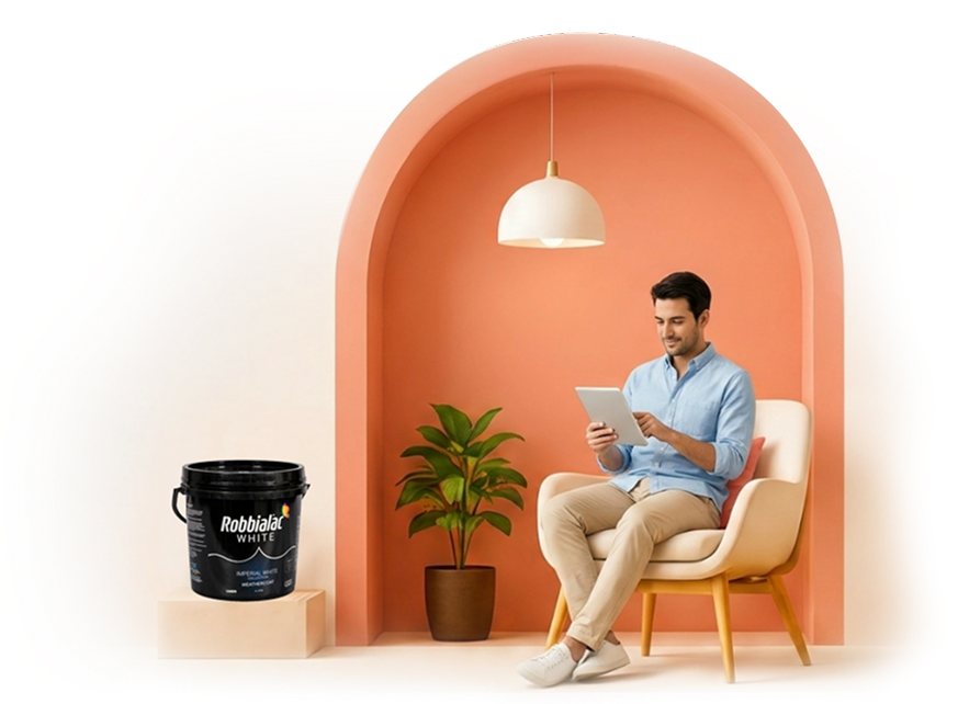 Robbialac paint bucket and comfortable living room